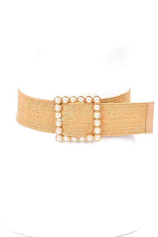 Banks Large Square Weaved Faux Pearl Belt Beige
