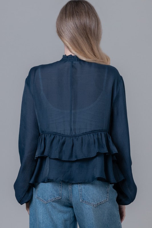 Stellan Long Sleeve Ruffle Tiered Jacket Navy
