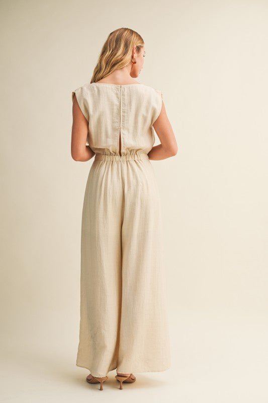 Darya Short Cap Sleeve Waist Tie Wide Leg Woven Jumpsuit Natural