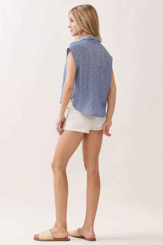 Fiora Short Sleeve Button Down Stripe Print Top Blue