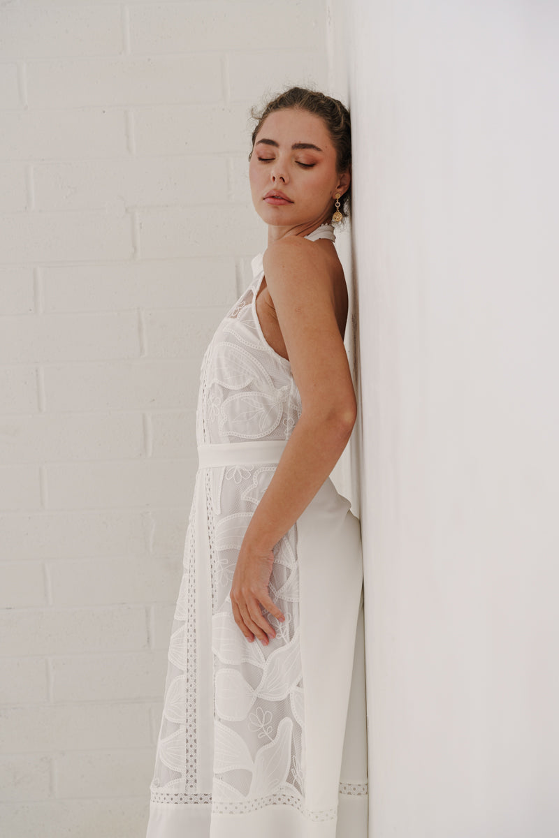 Billie Sleeveless Halter Floral Eyelet Lace Midi Dress White