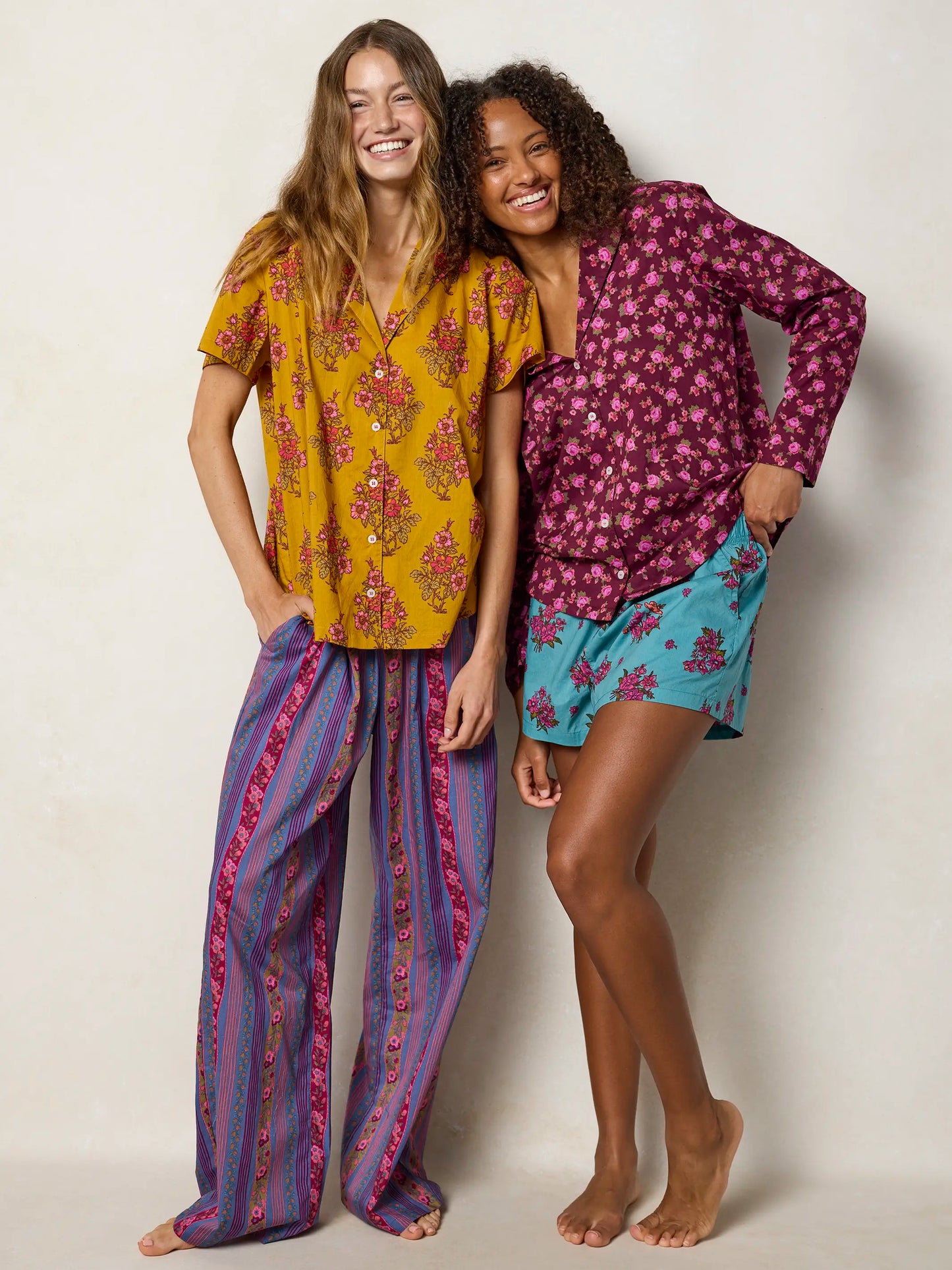 Mix & Match Cotton Long Sleeve Pajama Top - Flower Picking Teal