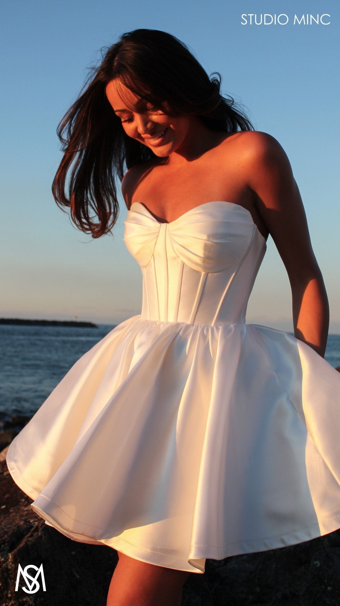 Capri Mini - Bridal Mini | White Satin Strapless Corset Mini Party Dress