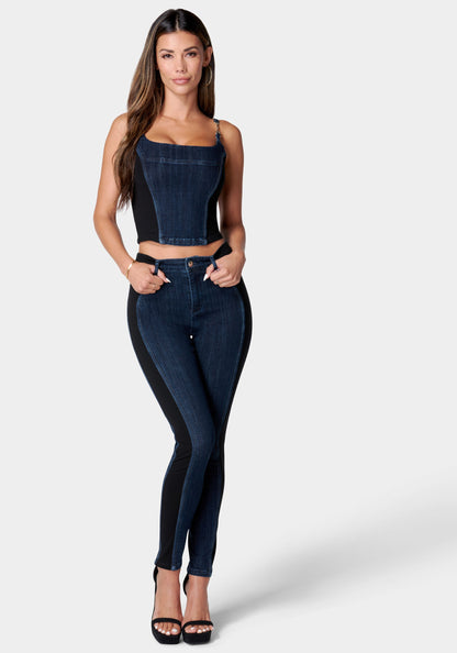 Metal Trim Detail Knit Combo Denim Bustier