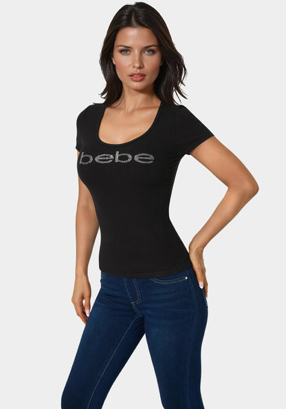 Bebe Logo Short Sleeve Round Neck Rib Top
