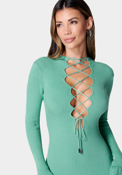 Lace-Up Front Rib Knit Mini Dress