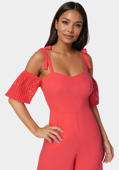 Embroidered Cotton Puff Sleeve Full Wide Leg Jumpsuit