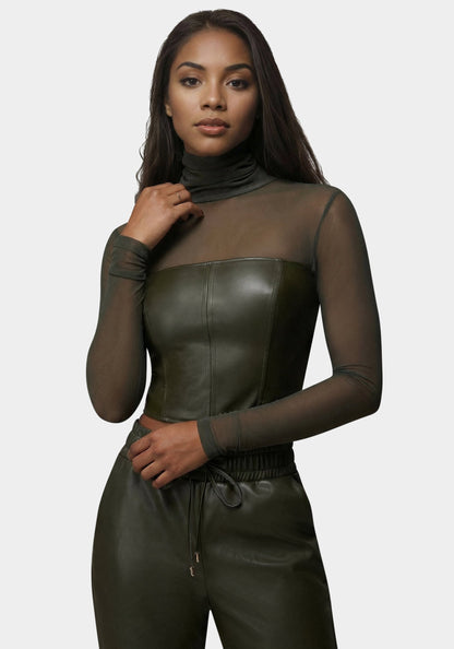 Mock Neck Mesh Combo Vegan Leather Top
