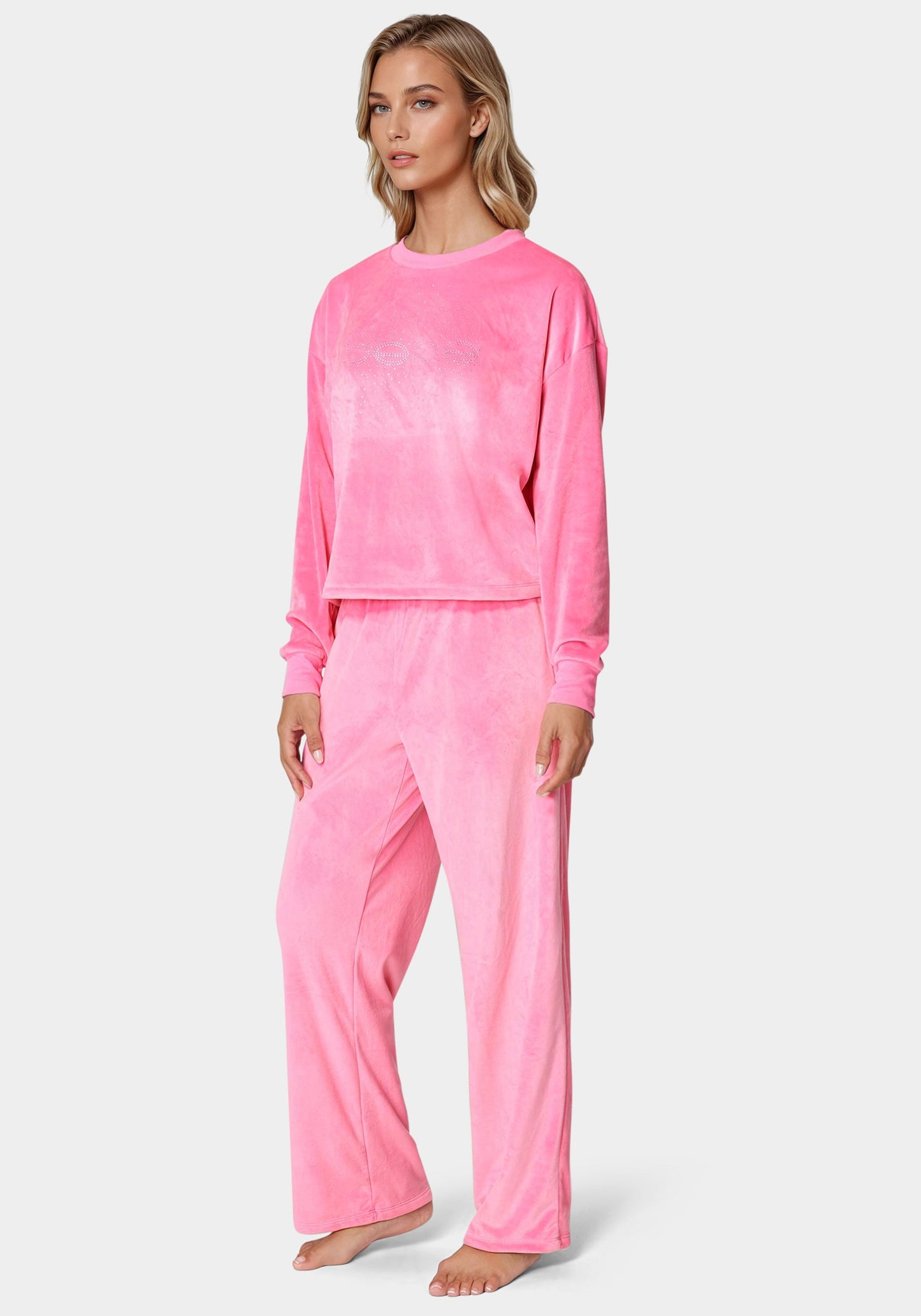 2pc Velour Lounge Pajama Set with Rhinestones