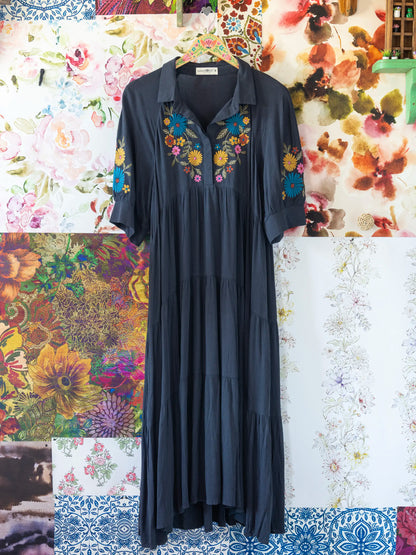 Rebecca Embroidered Midi Dress - Charcoal