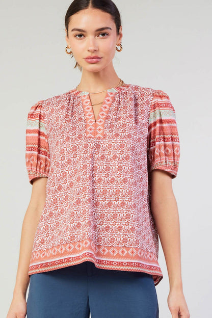Natalie Short Sleeve Abstract Print Top Red