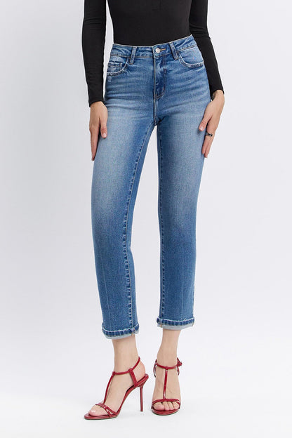 Scout High Rise Cropped Cuffed Straight Leg Jeans Dark Wash