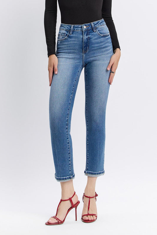 Scout High Rise Cropped Cuffed Straight Leg Jeans Dark Wash