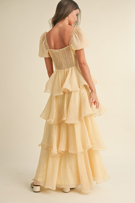Eden Short Puff Sleeve Tiered Maxi Dress Yellow