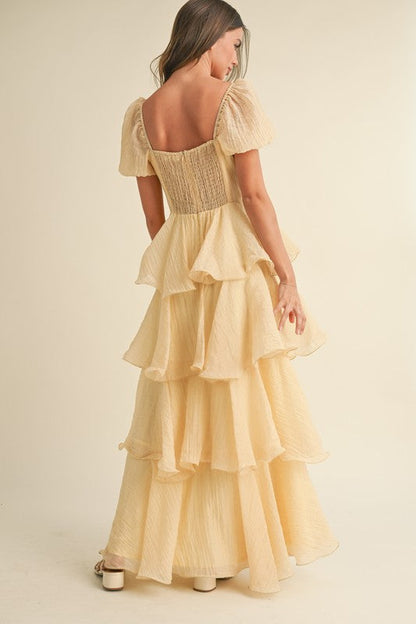 Eden Short Puff Sleeve Tiered Maxi Dress Yellow