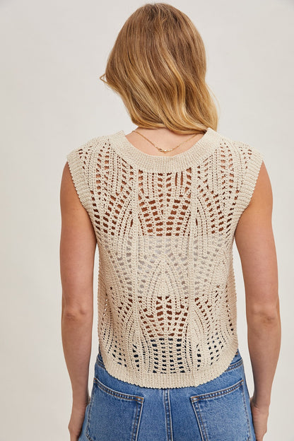 Elsie Sleeveless Sheer Crochet Knit Top Natural