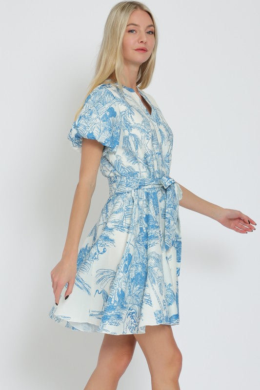 Janet Short Sleeve Belted Button Down Leaf Print Mini Dress Blue
