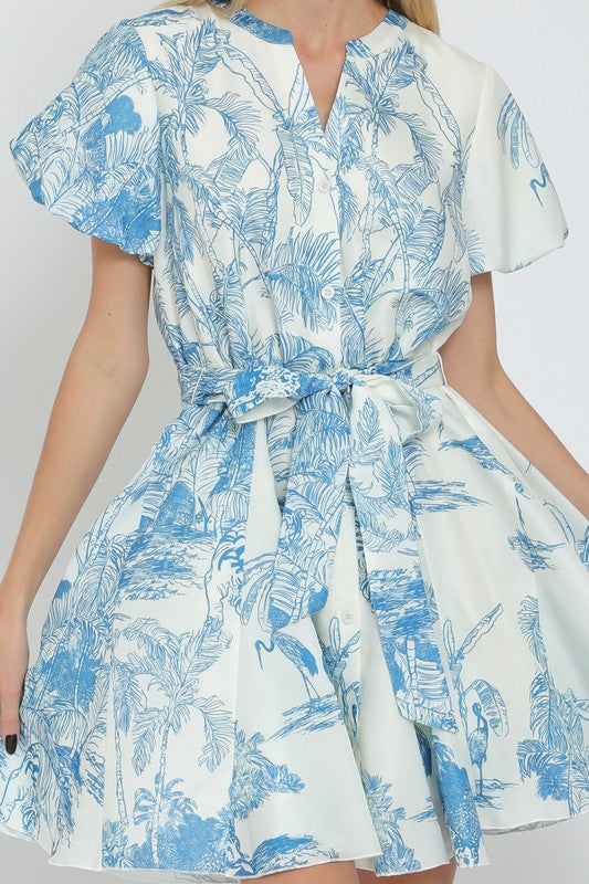Janet Short Sleeve Belted Button Down Leaf Print Mini Dress Blue