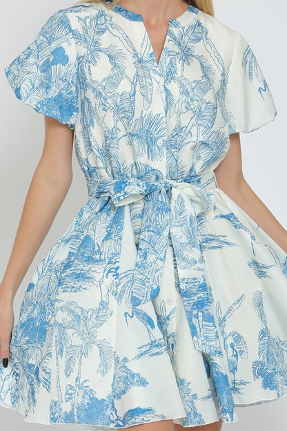 Janet Short Sleeve Belted Button Down Leaf Print Mini Dress Blue