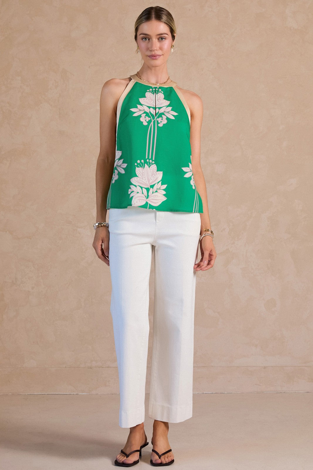 Wilder Sleeveless Floral Print Linen Top Green