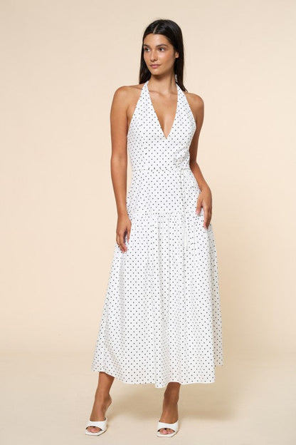 Rebel Sleeveless Halter Polka Dot Print Maxi Dress White