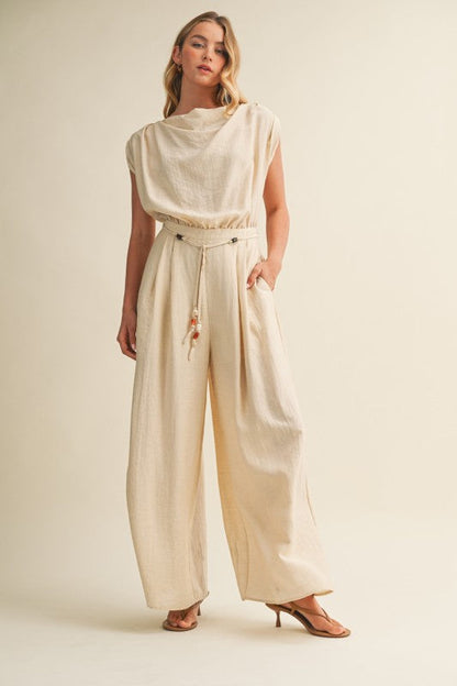 Darya Short Cap Sleeve Waist Tie Wide Leg Woven Jumpsuit Natural