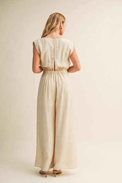 Darya Short Cap Sleeve Waist Tie Wide Leg Woven Jumpsuit Natural