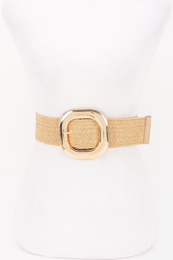Georgiana Gold Circular Buckle Straw Waist Belt Khaki