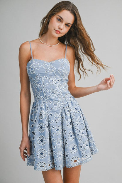 Alicia Sleeveless Embroidered Eyelet Mini Dress Blue
