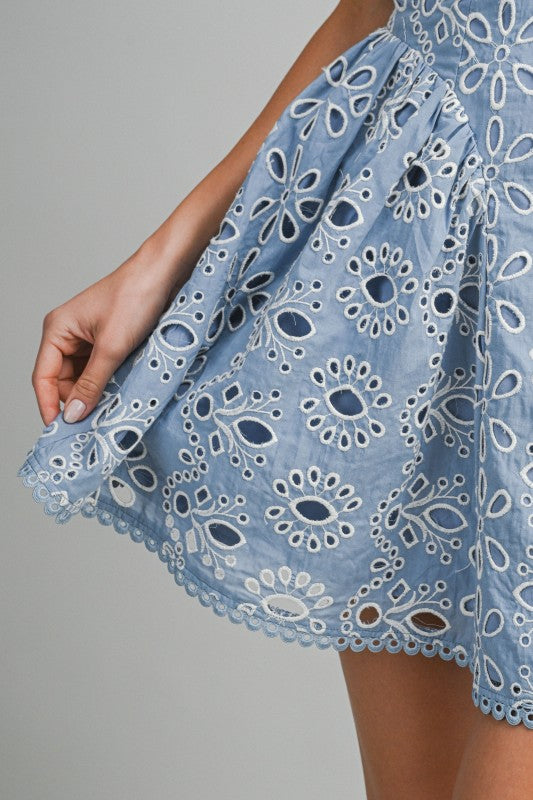 Alicia Sleeveless Embroidered Eyelet Mini Dress Blue