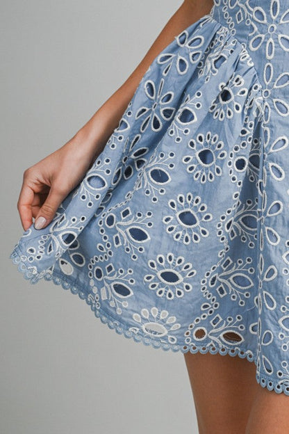 Alicia Sleeveless Embroidered Eyelet Mini Dress Blue