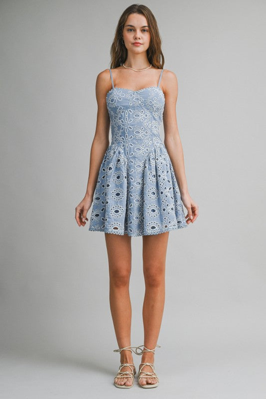Alicia Sleeveless Embroidered Eyelet Mini Dress Blue
