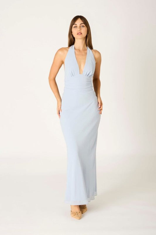 Penelope Sleeveless Halter Open Back Maxi Dress Blue