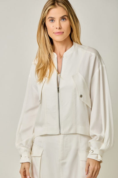 Kendall Long Balloon Sleeve Bomber Jacket White