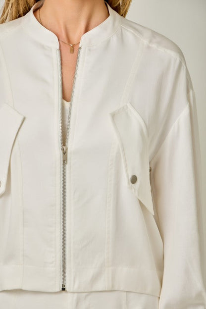 Kendall Long Balloon Sleeve Bomber Jacket White
