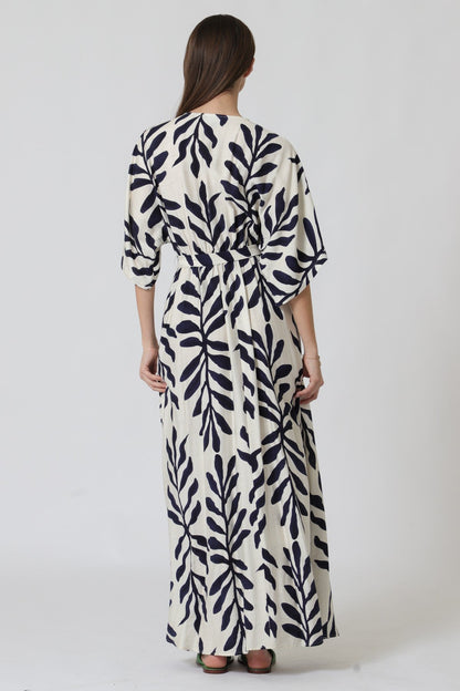 Maryann Short Kimono Sleeve Palm Print Maxi Dress Navy