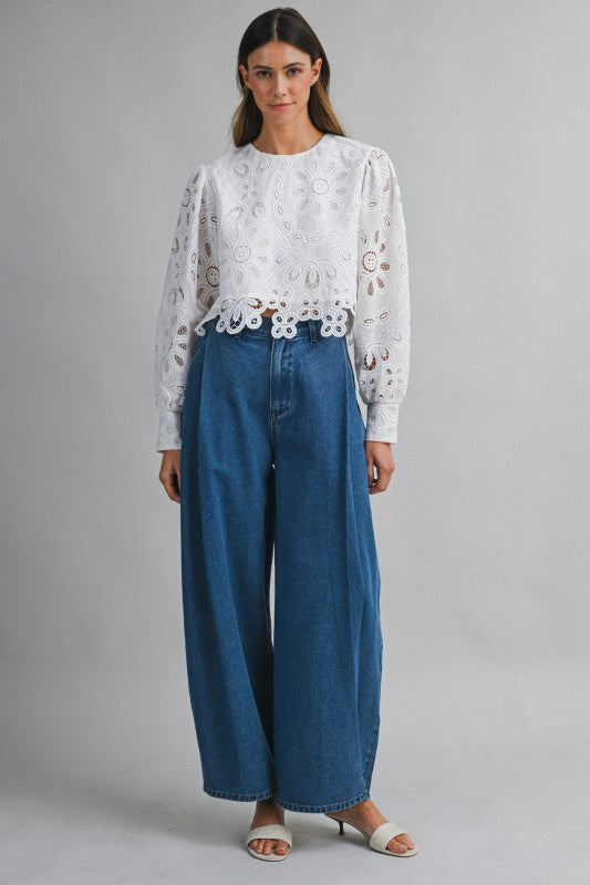 Joey Long Sleeve Eyelet Floral Lace Crop Top White