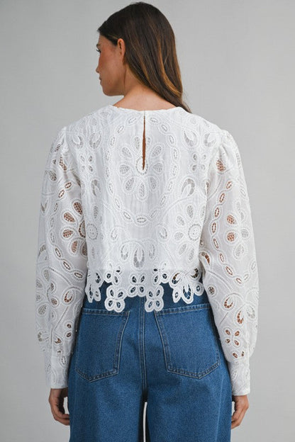 Joey Long Sleeve Eyelet Floral Lace Crop Top White