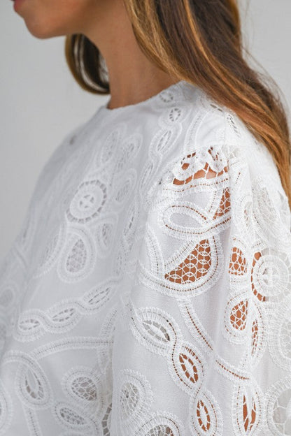 Joey Long Sleeve Eyelet Floral Lace Crop Top White