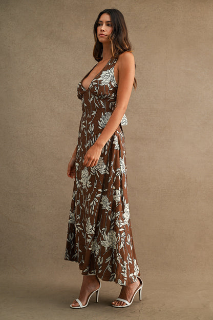 Nalani Sleeveless Open Back Floral Print Midi Dress Brown