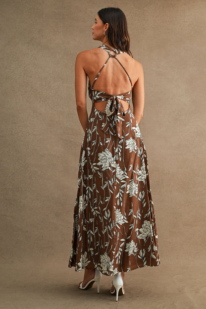 Nalani Sleeveless Open Back Floral Print Midi Dress Brown
