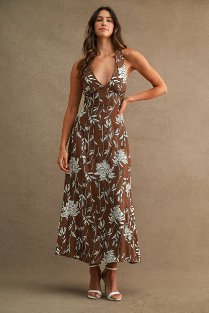 Nalani Sleeveless Open Back Floral Print Midi Dress Brown