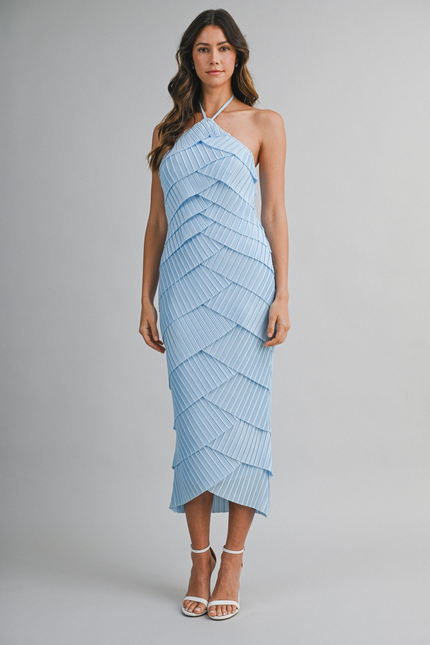 Kerry Sleeveless Halter Layered Diagonal Ruffle Overlay Midi Dress Blue