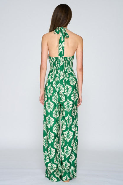 Farida Sleeveless Halter Leaf Print Wide Leg Jumpsuit Green
