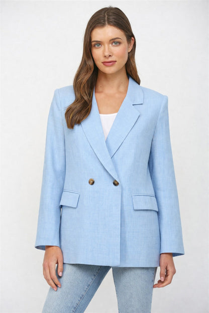 Tara Long Sleeve Linen Blazer Jacket Blue