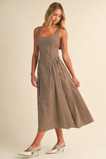 Waitlist 7/8 • Britton Sleeveless Large Back Buckle Stripe Print Midi Dress Brown