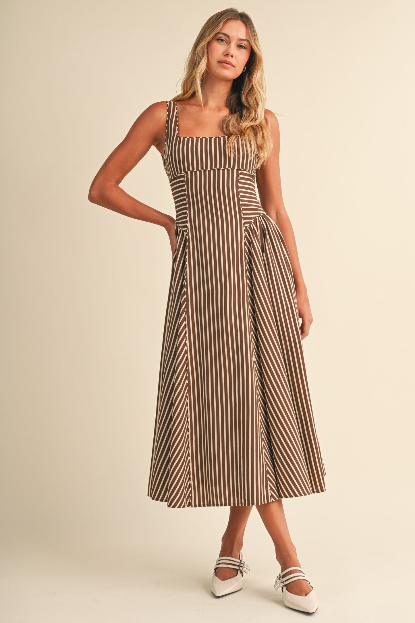 Waitlist 7/8 • Britton Sleeveless Large Back Buckle Stripe Print Midi Dress Brown