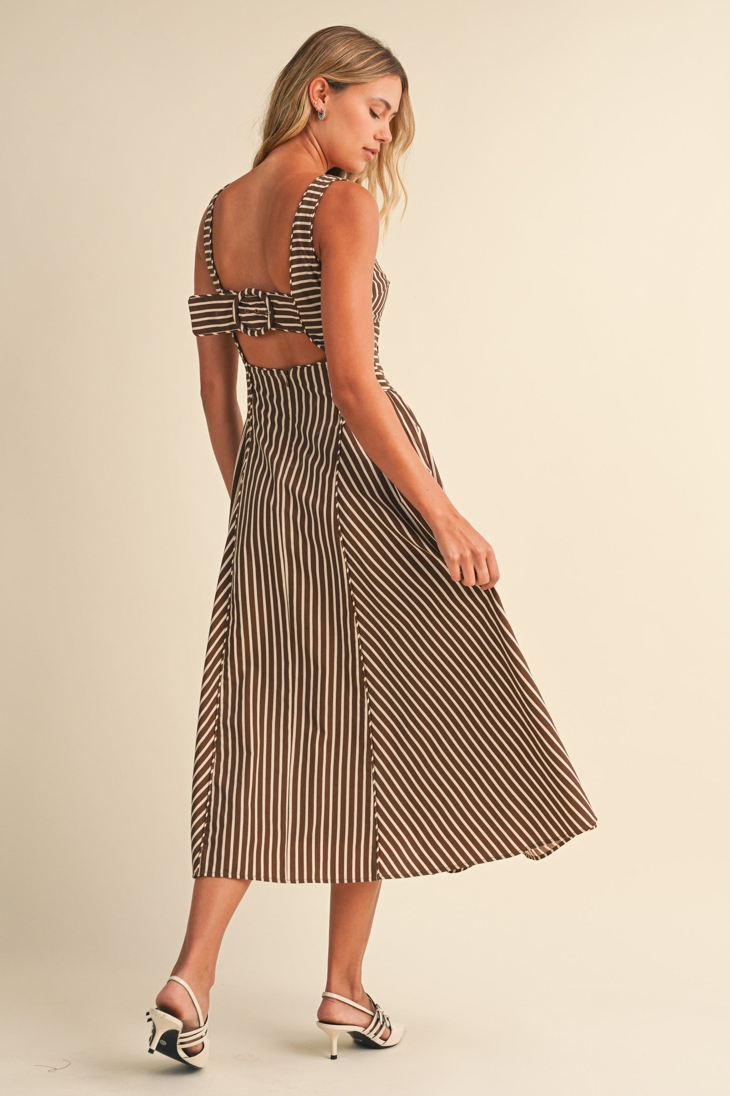 Waitlist 7/8 • Britton Sleeveless Large Back Buckle Stripe Print Midi Dress Brown