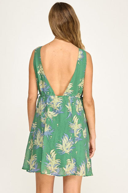 Leona Sleeveless Palm Print Mini Dress Green