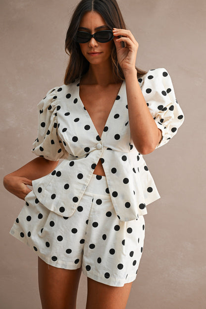 Waitlist 8/5 • Bianca Short Puff Sleeve Peplum Top And Polka Dot Shorts Set Cream